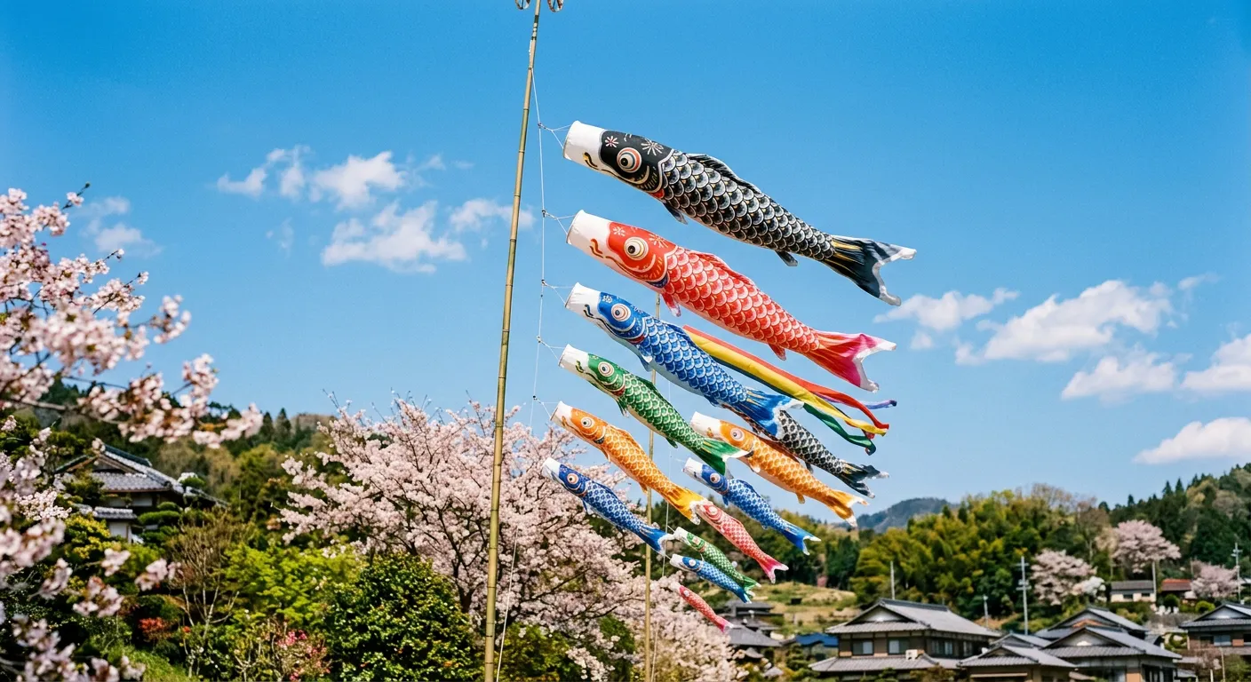 Coloridos koinobori ondeando contra el cielo azul de primavera