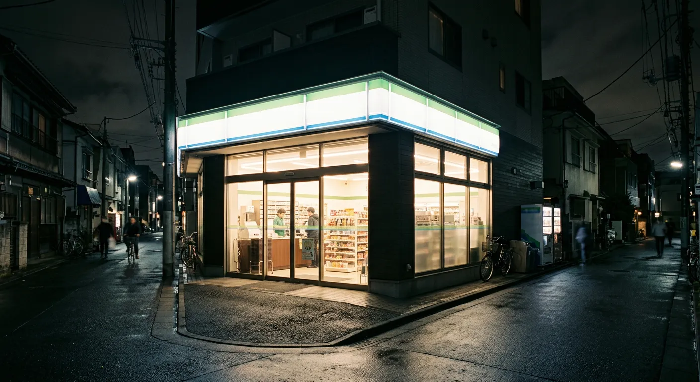 Una tienda de conveniencia japonesa iluminada de noche, sin marcas