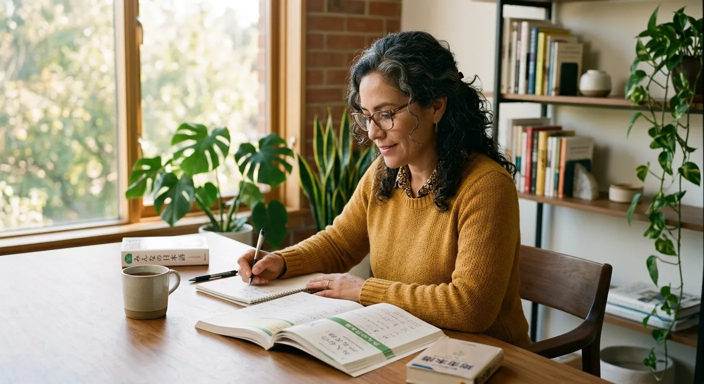 Mujer latina de mediana edad estudiando japonés con tranquilidad y determinación en su escritorio moderno