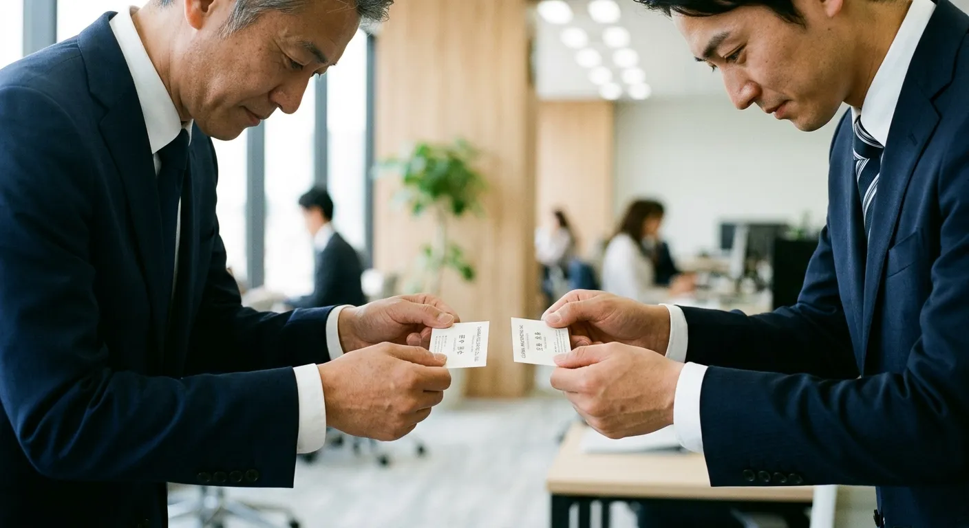 Intercambio profesional de tarjetas de presentación meishi con ambas manos y una reverencia respetuosa