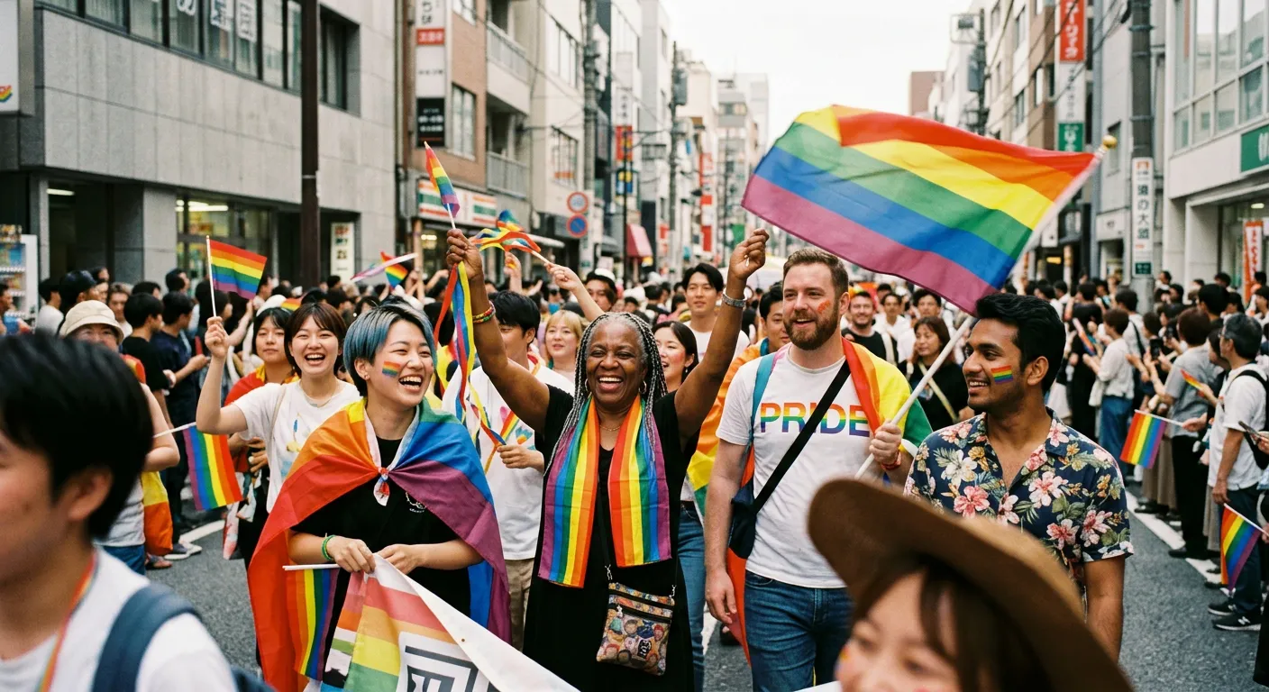 Un grupo diverso y alegre en una celebracion del orgullo en una ciudad japonesa