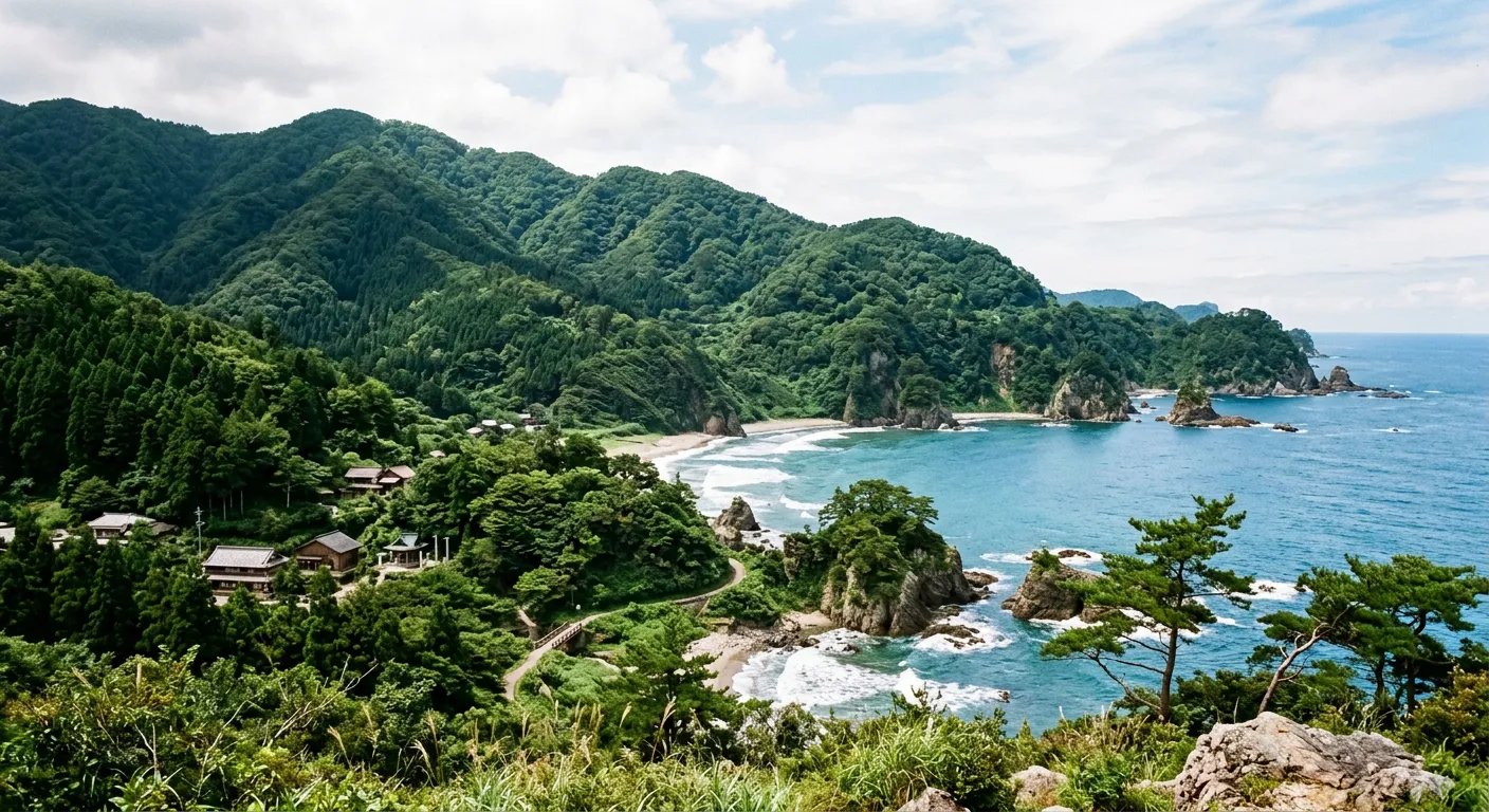 Un paisaje natural japones con montanas verdes y una costa limpia