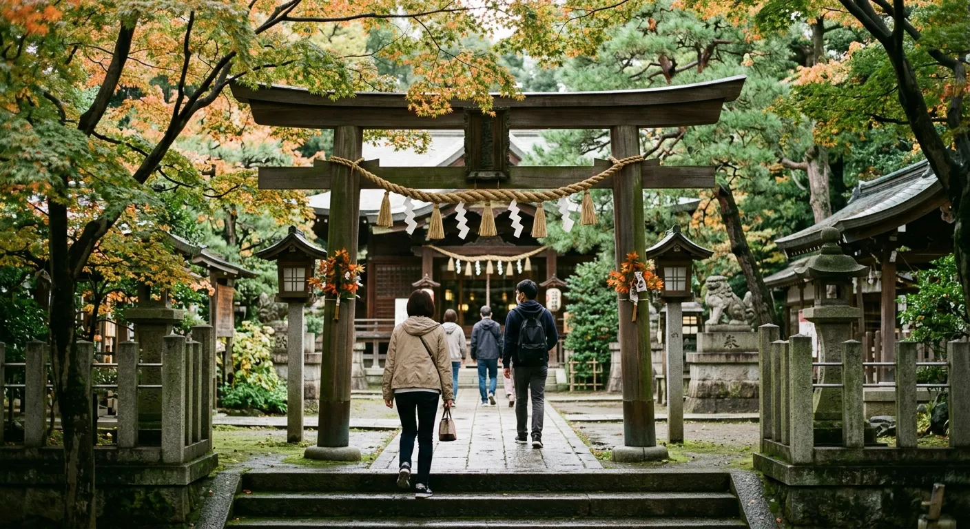 Entrada de un santuario japones con adornos de temporada y visitantes
