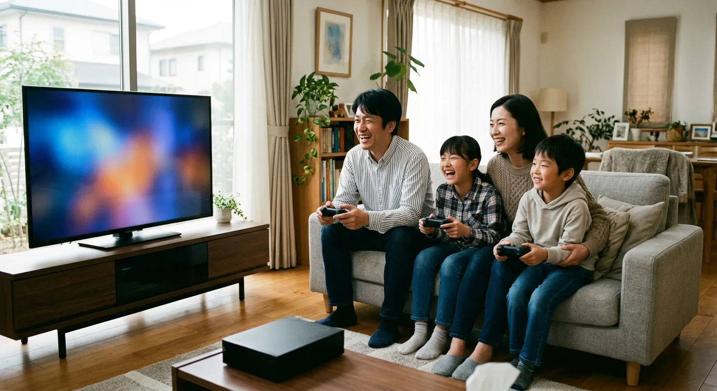 Una familia japonesa juega junta con una consola generica en el salon