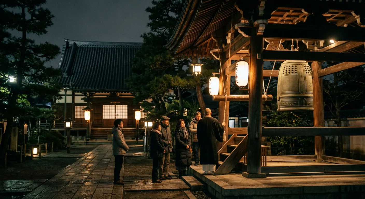 Un templo japones de noche en Nochevieja con una gran campana de bronce