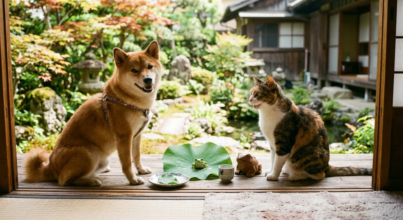 Un perro, un gato y una rana juntos, como suenan los animales en japones