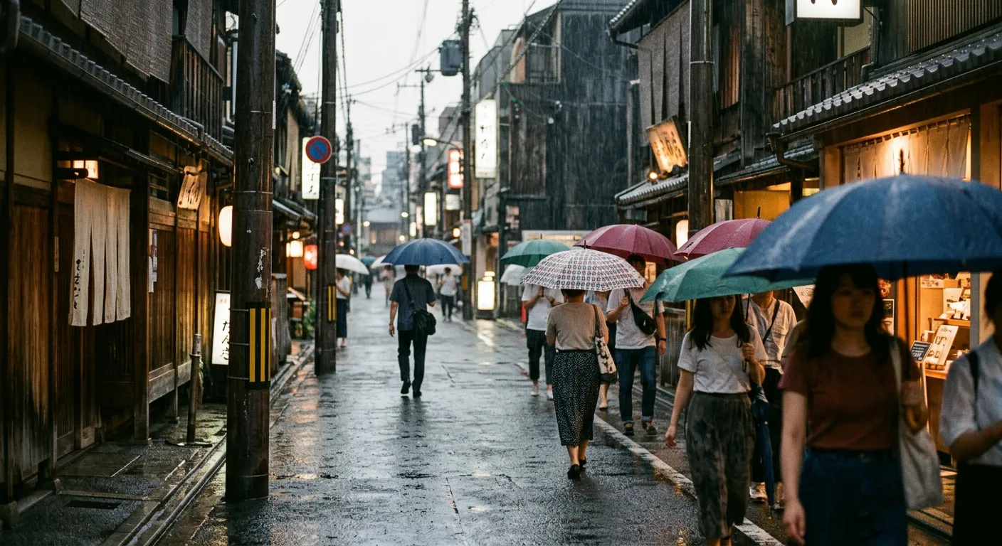 Una escena lluviosa japonesa que evoca las onomatopeyas de la lluvia