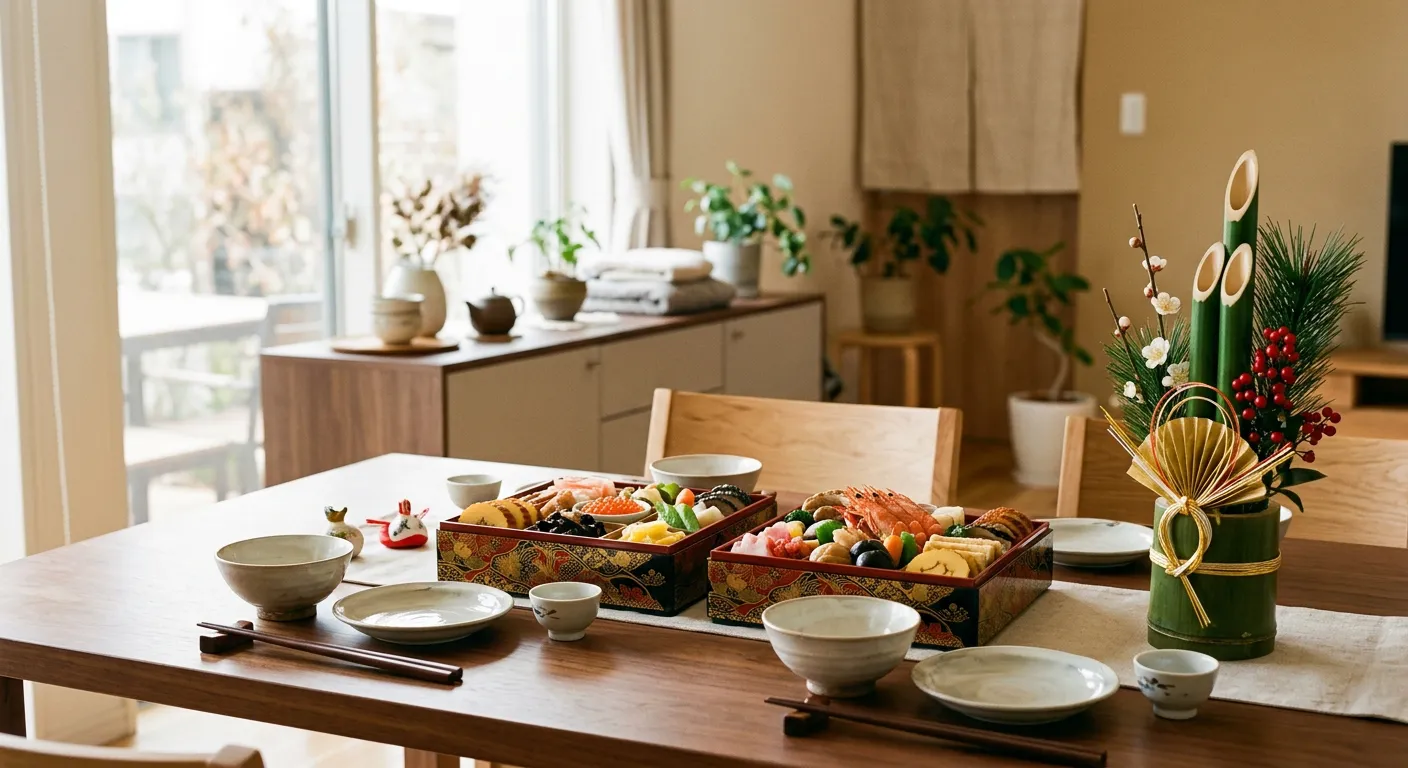 Una mesa festiva de Ano Nuevo japones con osechi y una decoracion kadomatsu