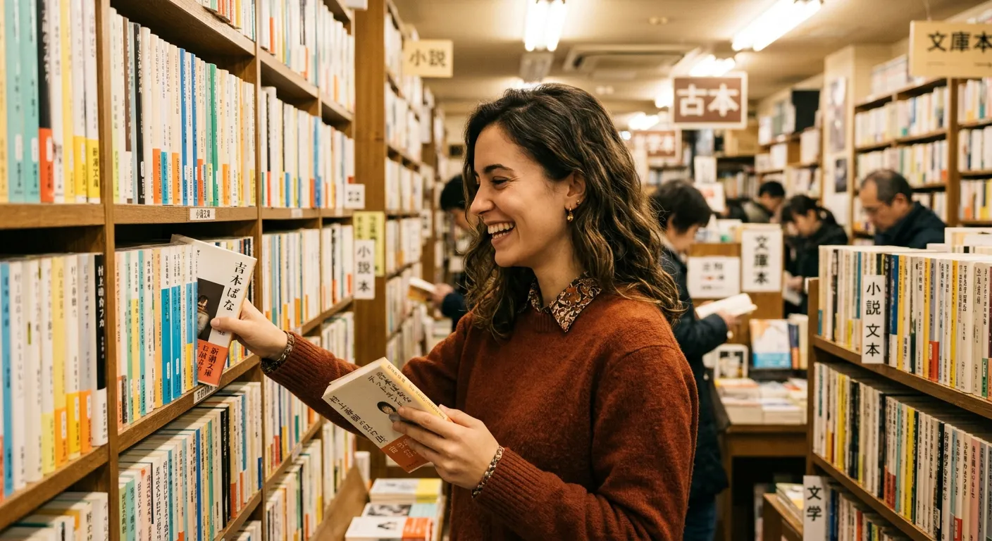 Joven castellana buscando libros japoneses en una librería con expresión de confianza