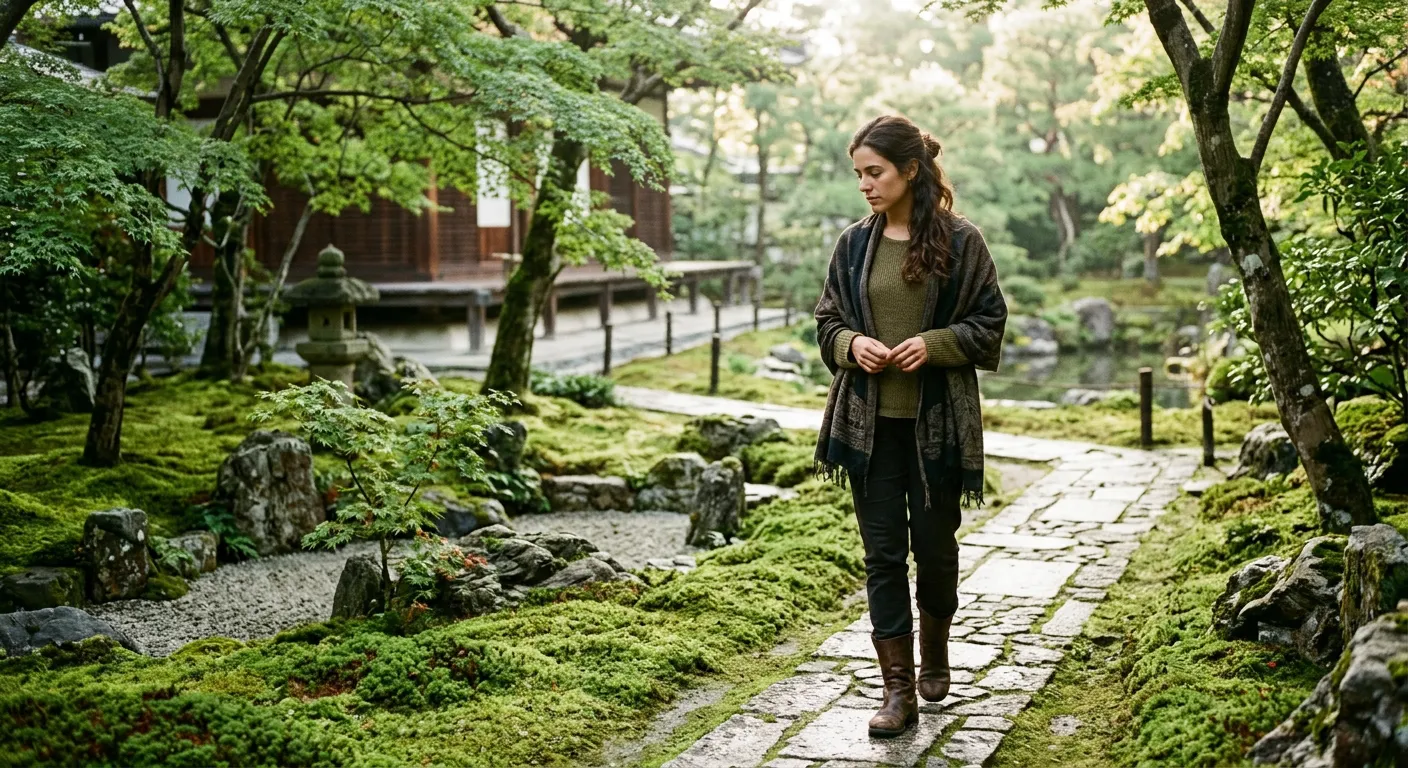 Joven castellana contemplando jardín de musgo en templo de Kioto