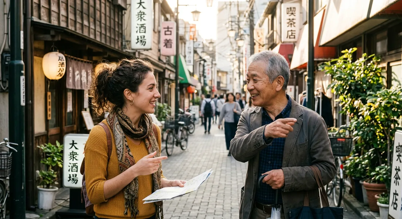 Joven castellana pidiendo direcciones a una persona japonesa en una calle de Tokio