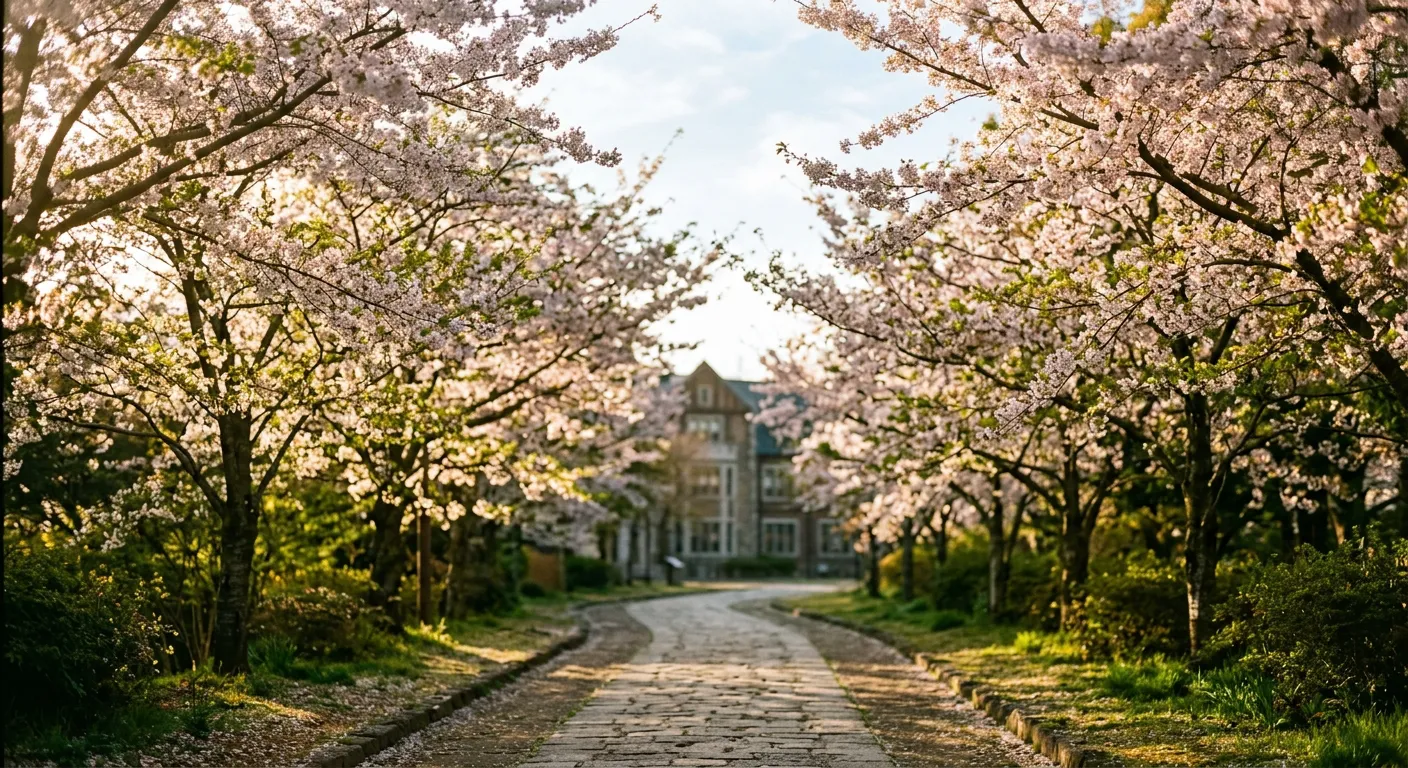 Camino arbolado en un campus universitario japonés al amanecer con cerezos en flor