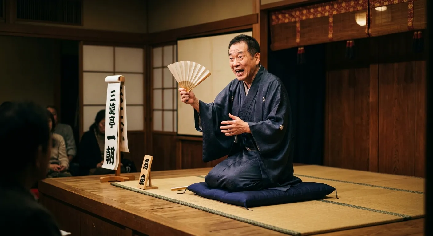 Narrador de rakugo en kimono contando una historia con su abanico sobre un cojín, las artes tradicionales japonesas