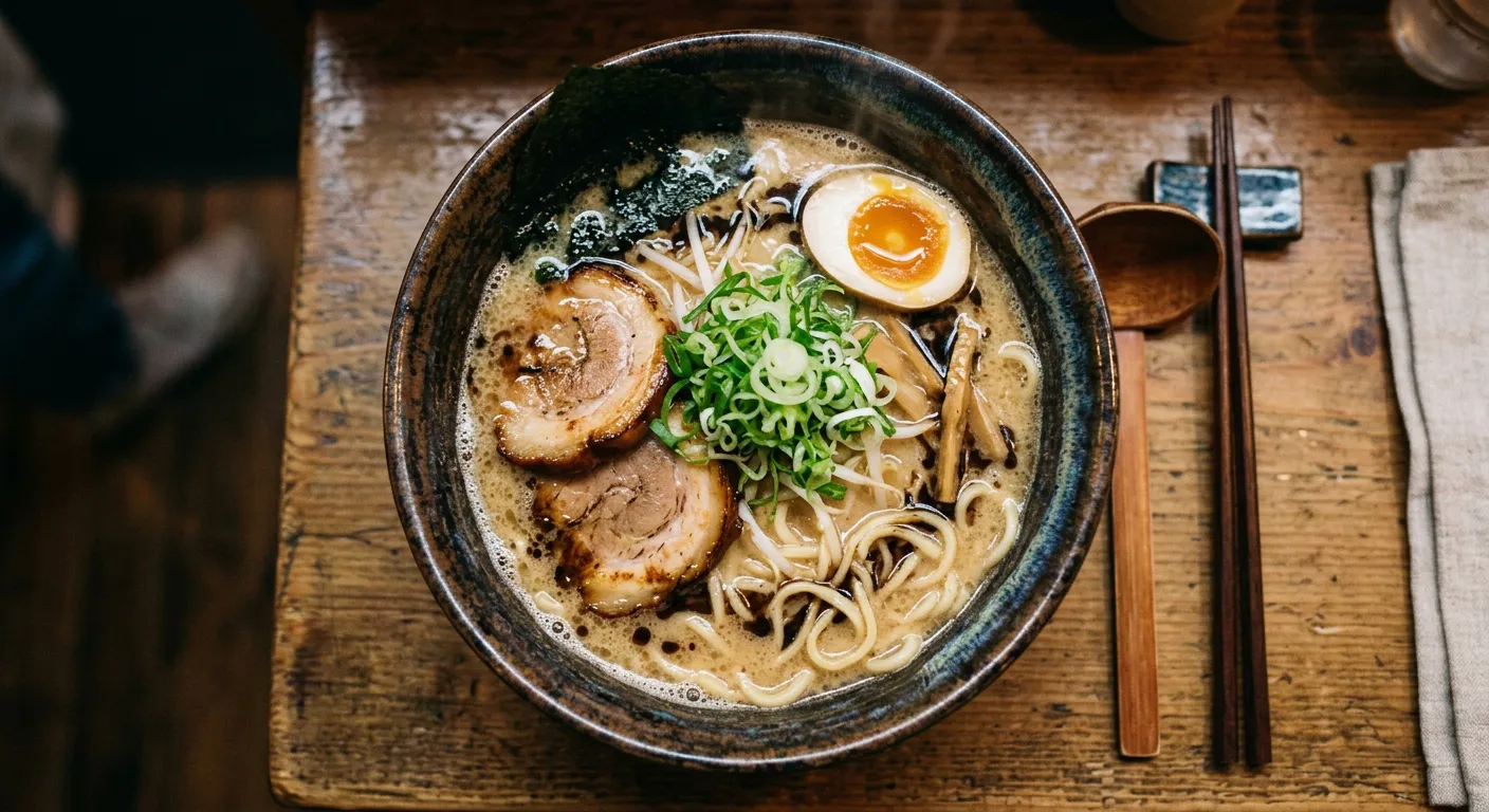 Un bol humeante de ramen japones con todos sus ingredientes