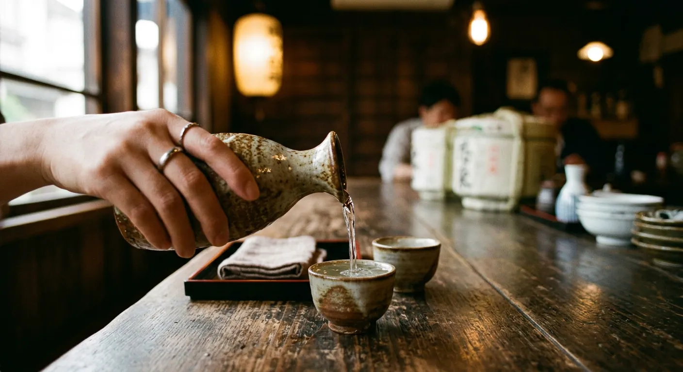 Sake servido desde un tokkuri en una copa pequena