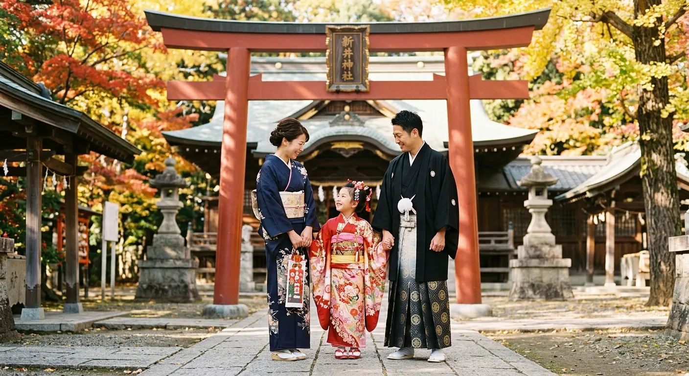 Un nino con kimono formal junto a sus padres en un santuario en otono