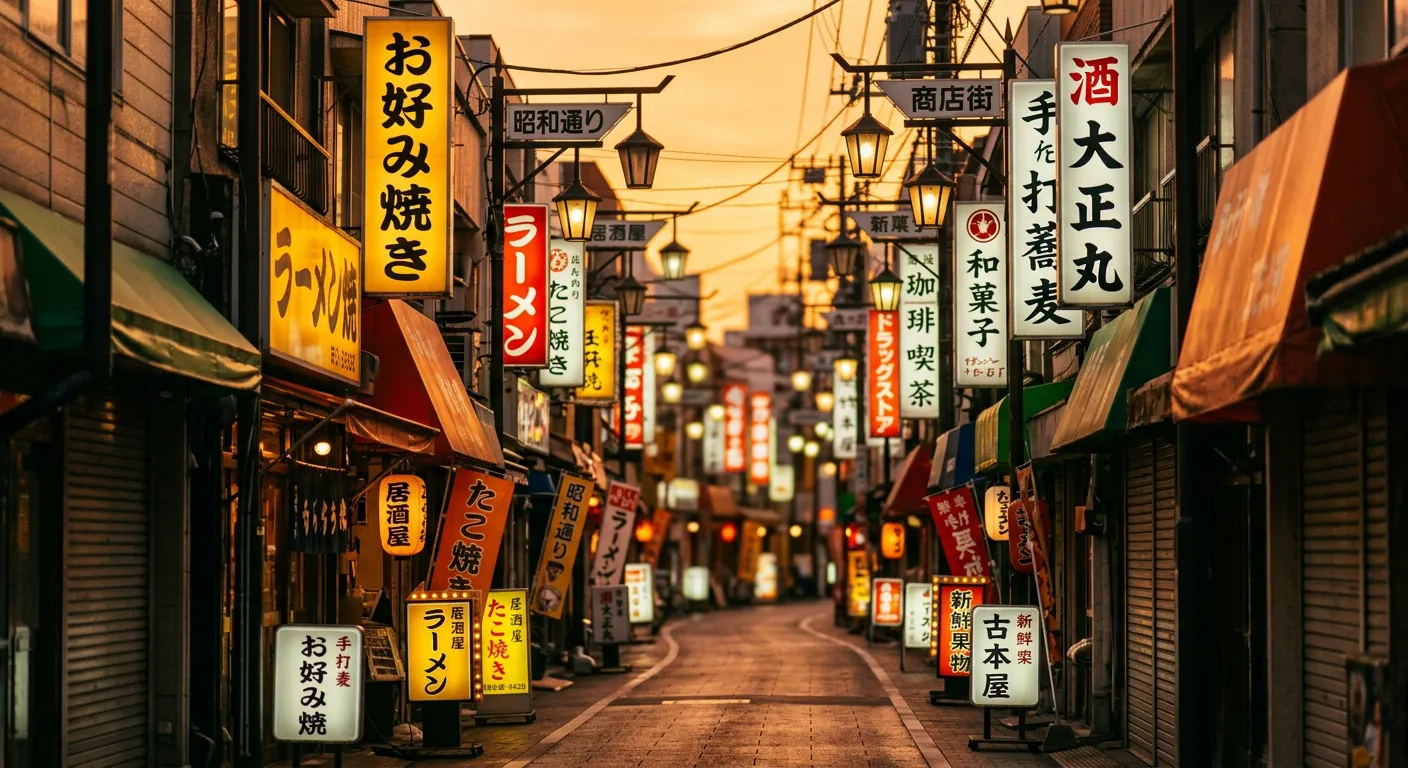 Calle comercial japonesa con letreros coloridos mostrando hiragana, katakana y kanji