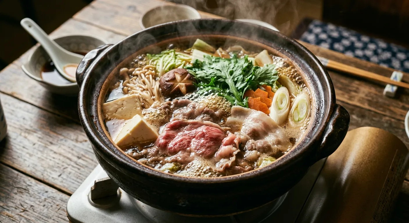 Una olla donabe burbujeante llena de verduras, tofu y carne
