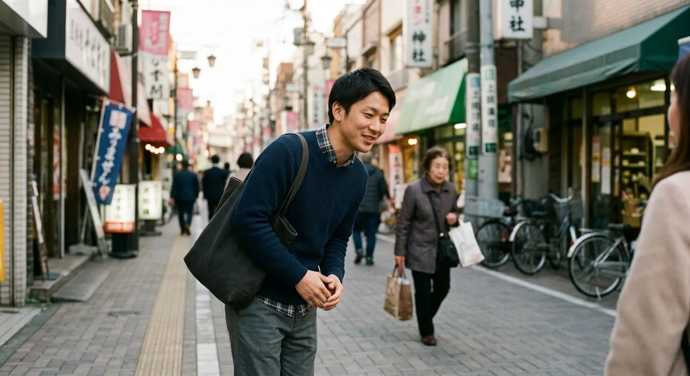 Una persona japonesa hace una leve reverencia diciendo sumimasen en la calle
