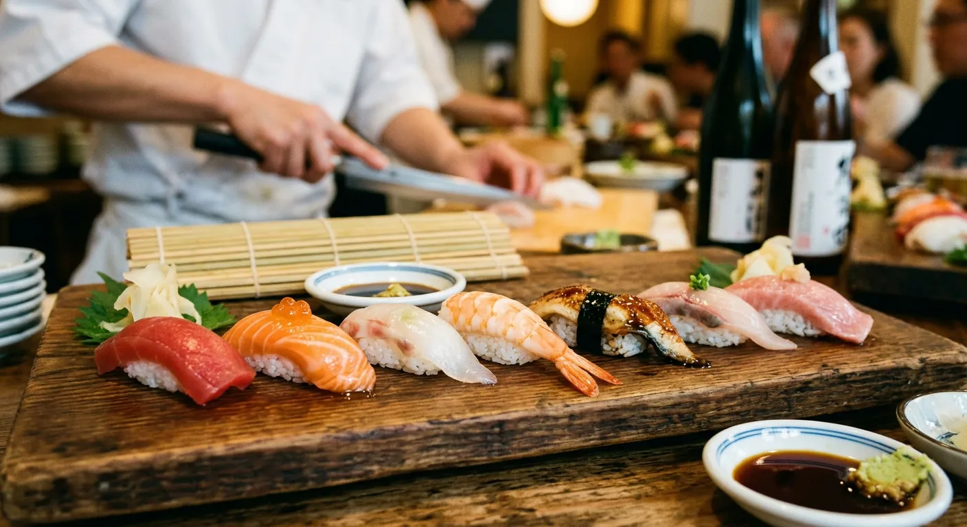 Nigiri de sushi fresco sobre una tabla de madera