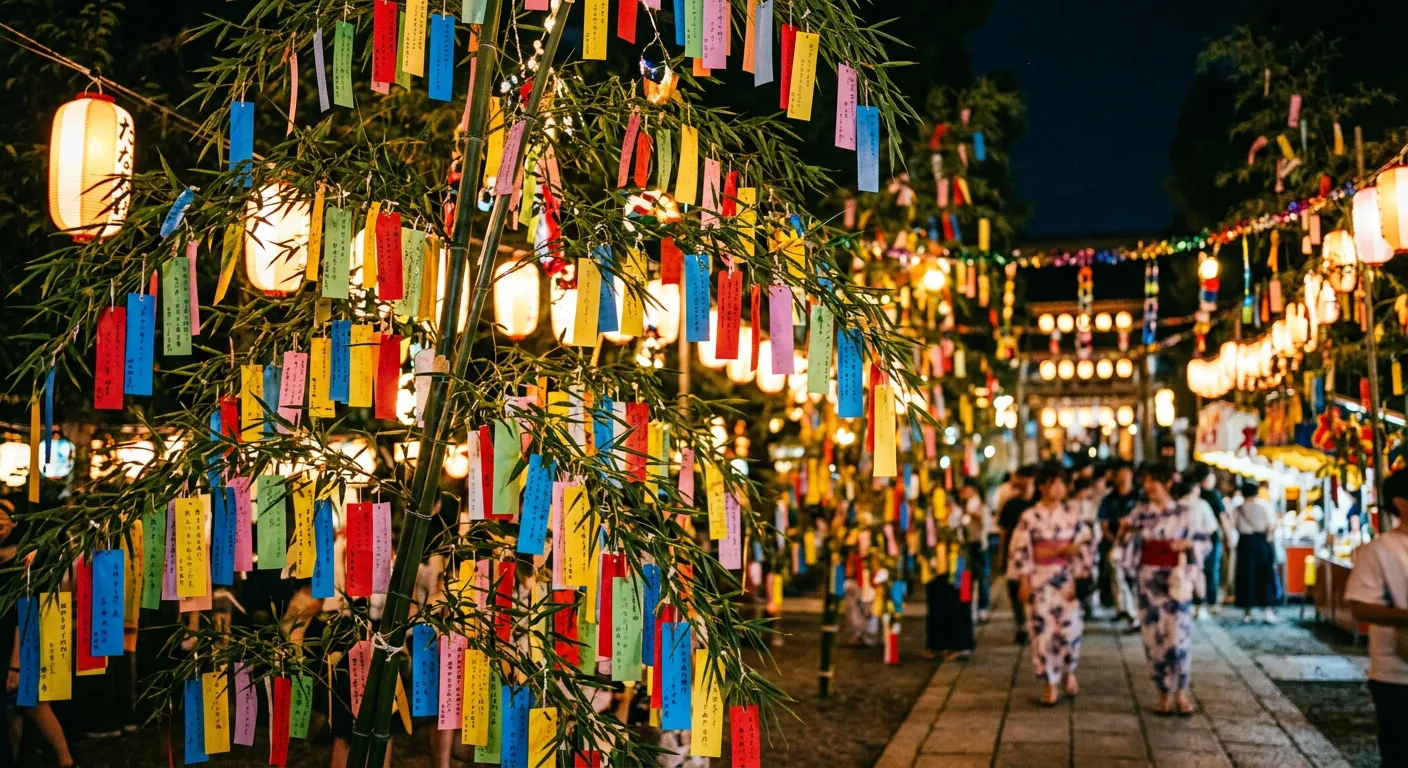 Ramas de bambu cubiertas de tanzaku de colores en la noche de Tanabata
