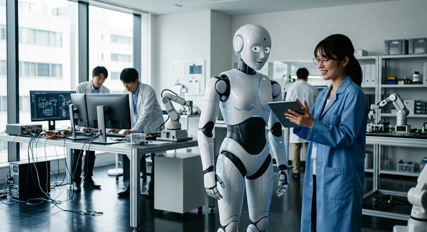 Un robot humanoide moderno en un laboratorio tecnologico japones luminoso