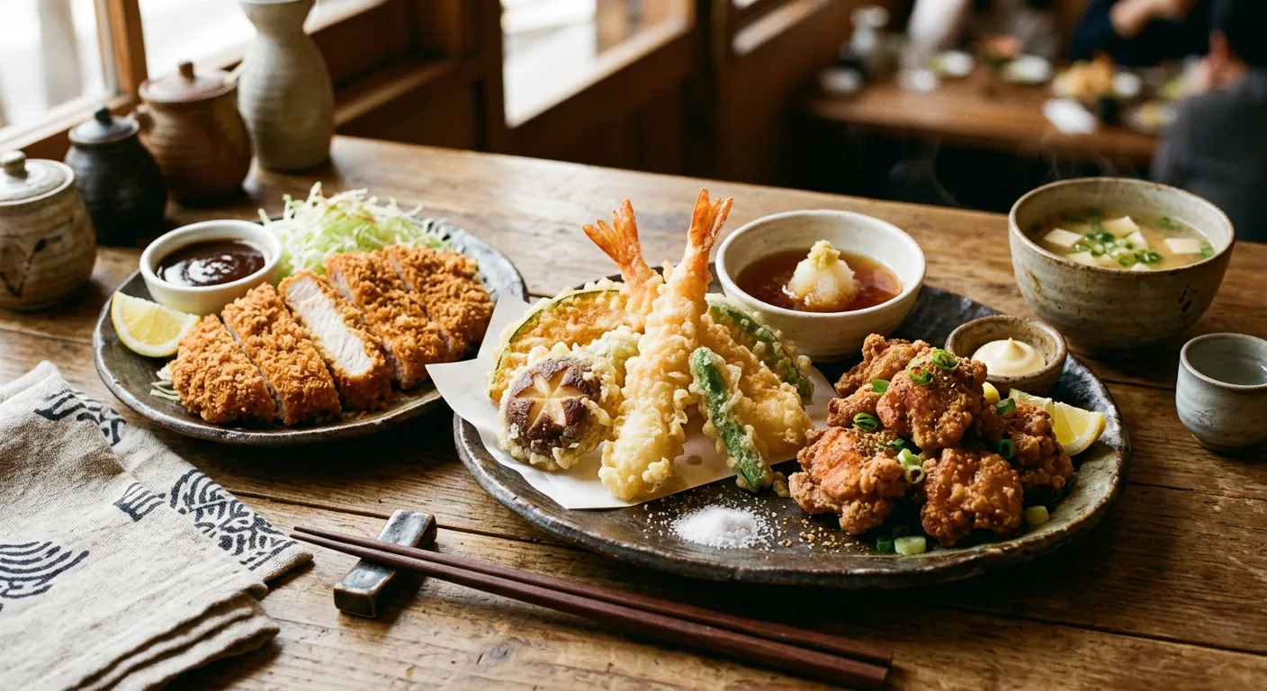 Un surtido de frituras japonesas, tempura, tonkatsu y karaage
