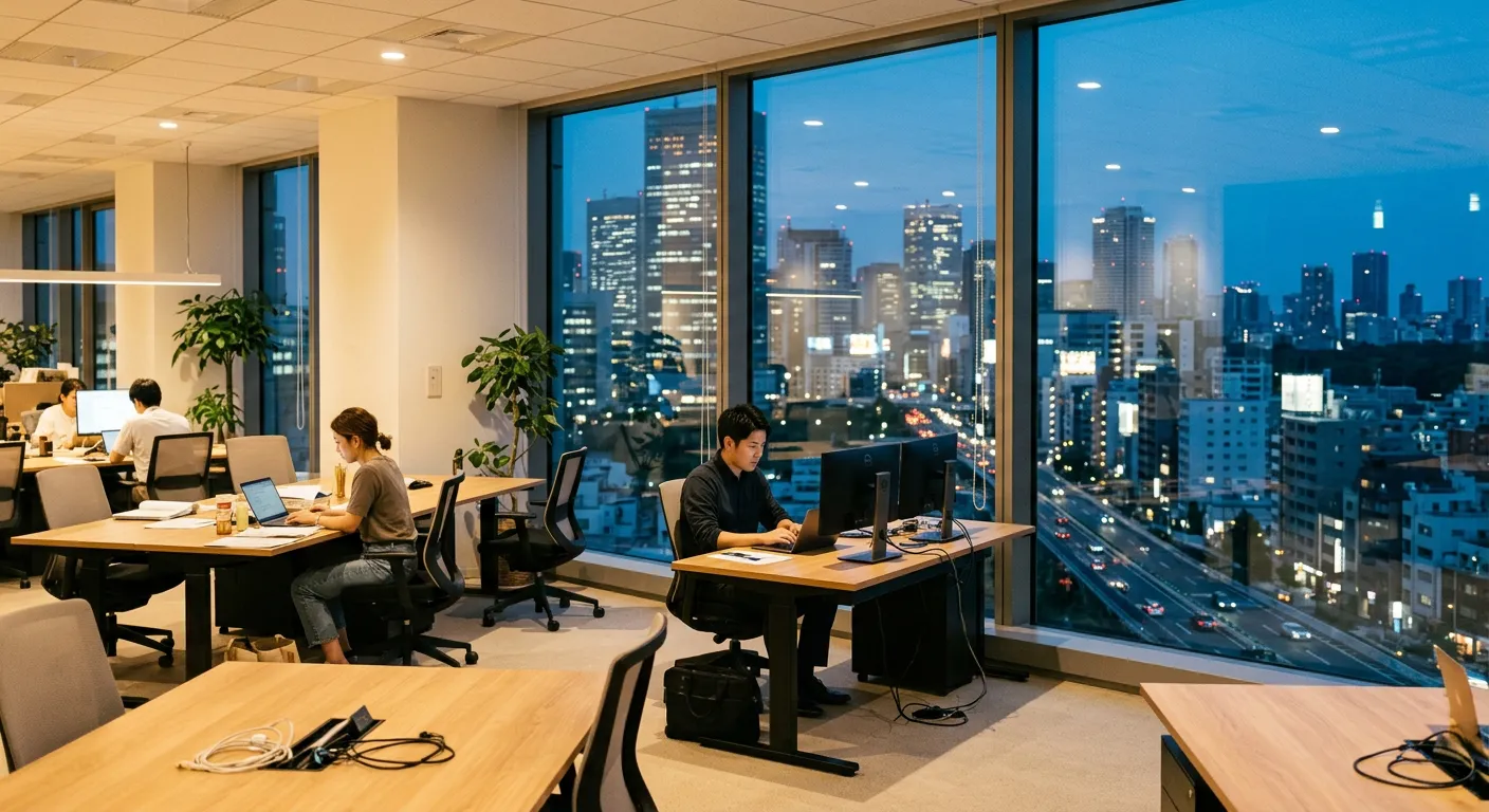 Una oficina japonesa moderna al atardecer con profesionales trabajando