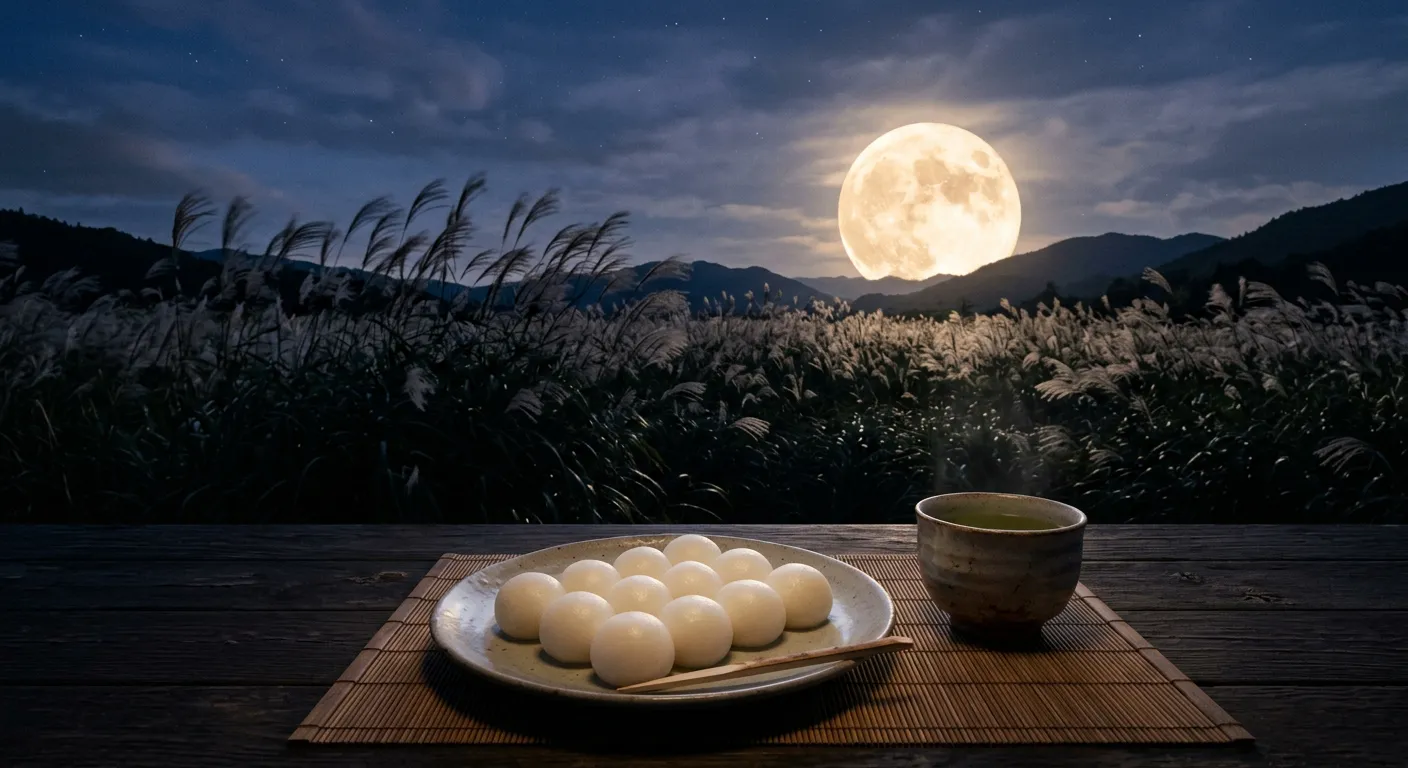 La luna llena sobre hierba susuki y un plato de dango