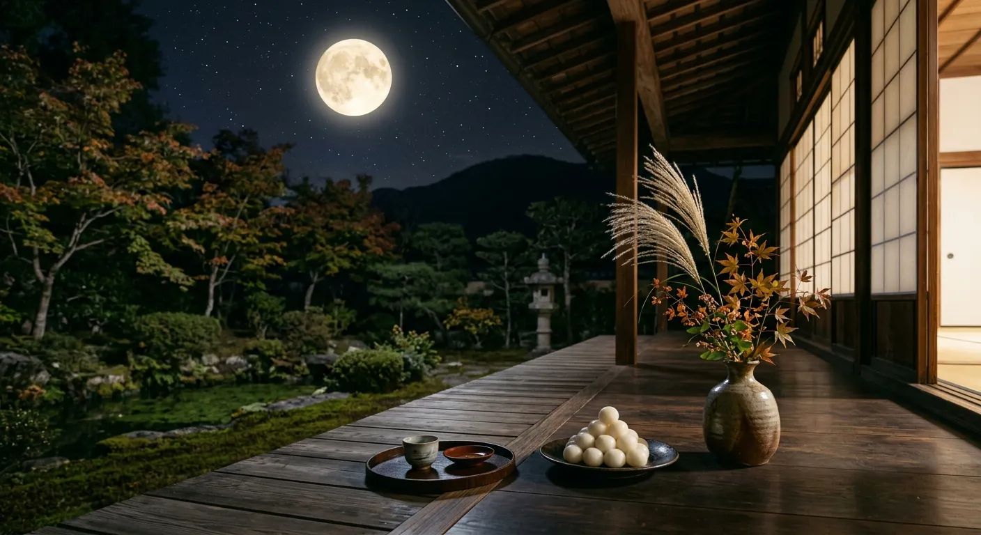 Escena de contemplacion lunar con dango y hierba susuki bajo la luna llena