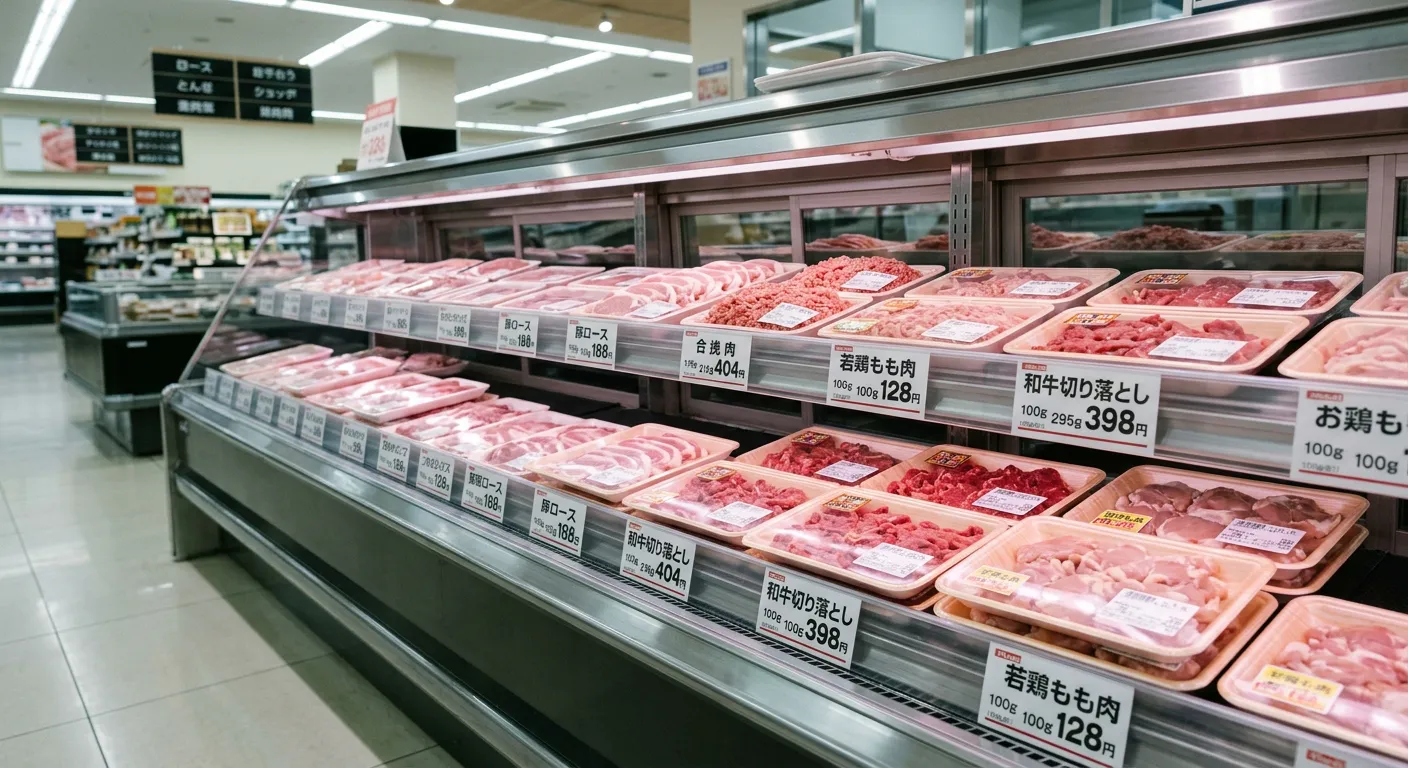 Mostrador de carne en supermercado japonés con precios por 100g