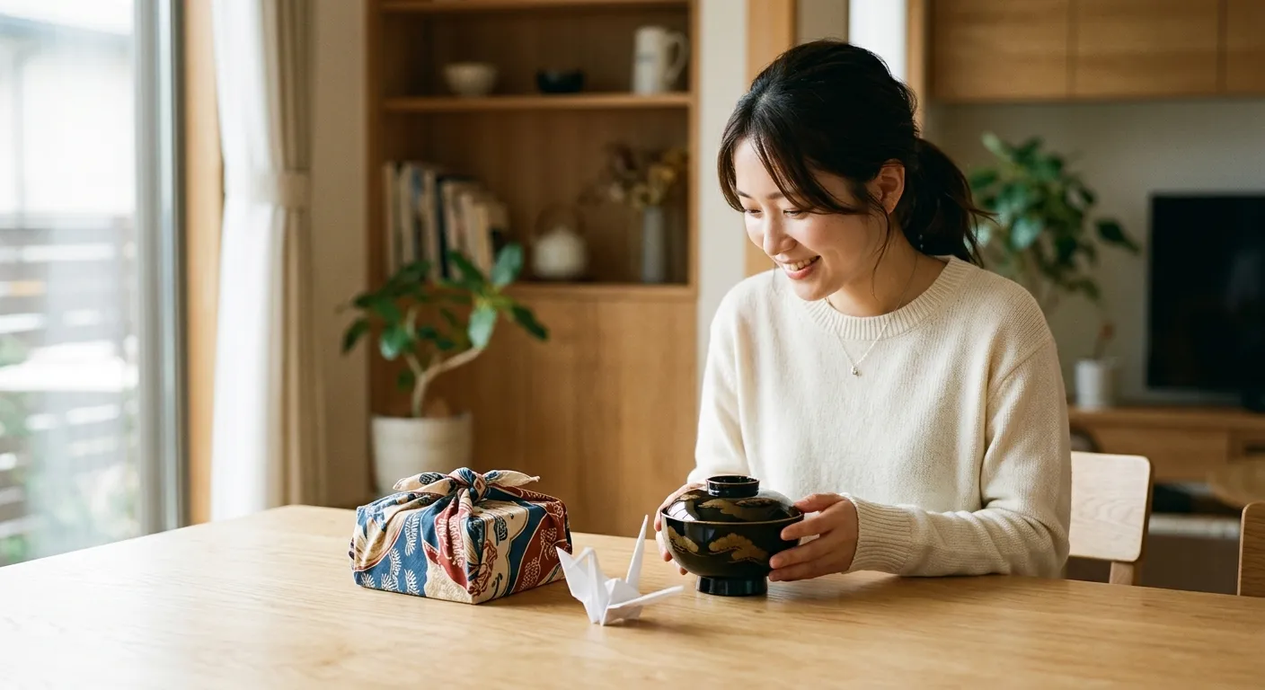 Mujer japonesa admirando laca, una grulla de origami y un envoltorio furoshiki, las artesanías tradicionales de Japón