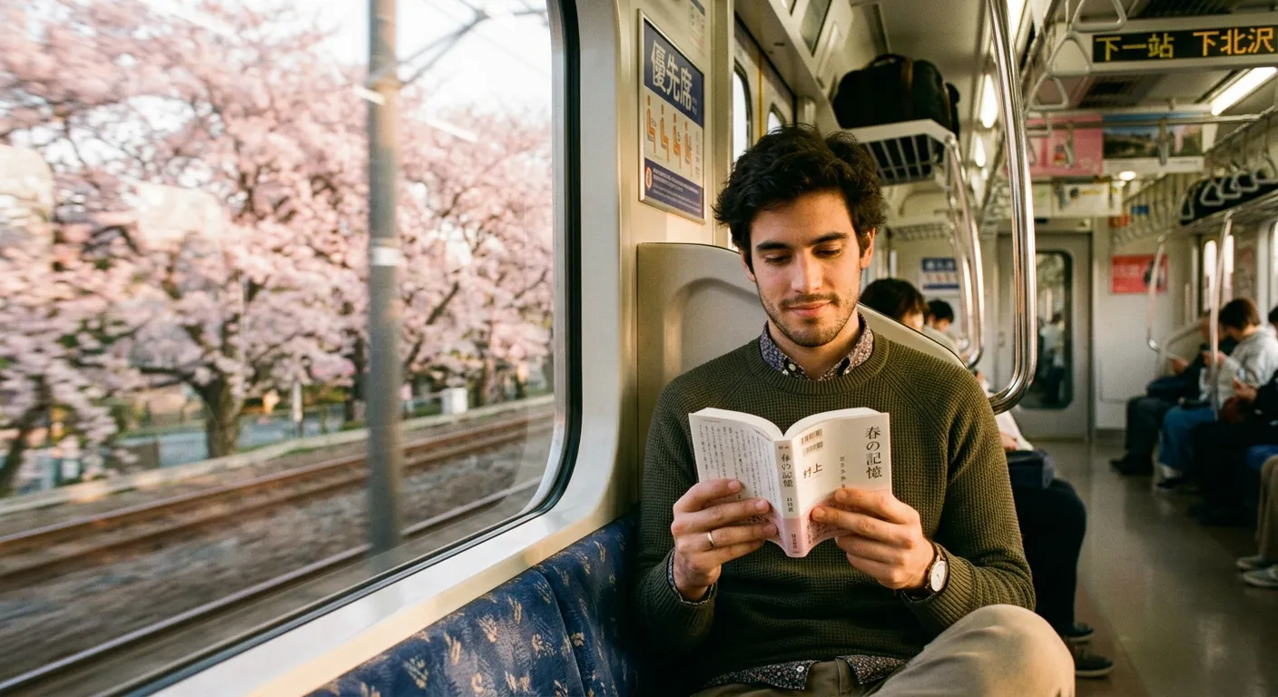 Joven castellano leyendo una novela japonesa con naturalidad en un tren en Japón