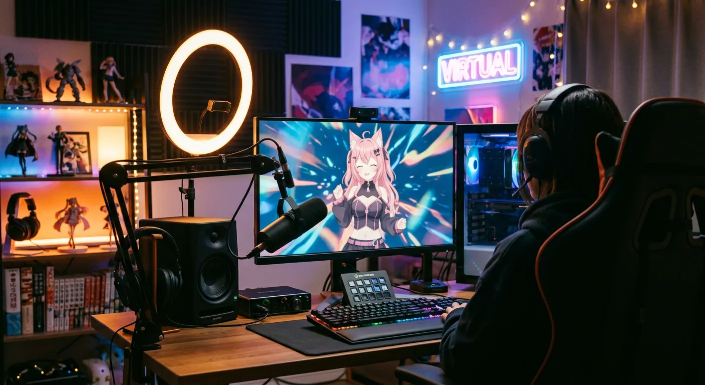 Una sala de streaming con micro y una pantalla con un avatar anime generico