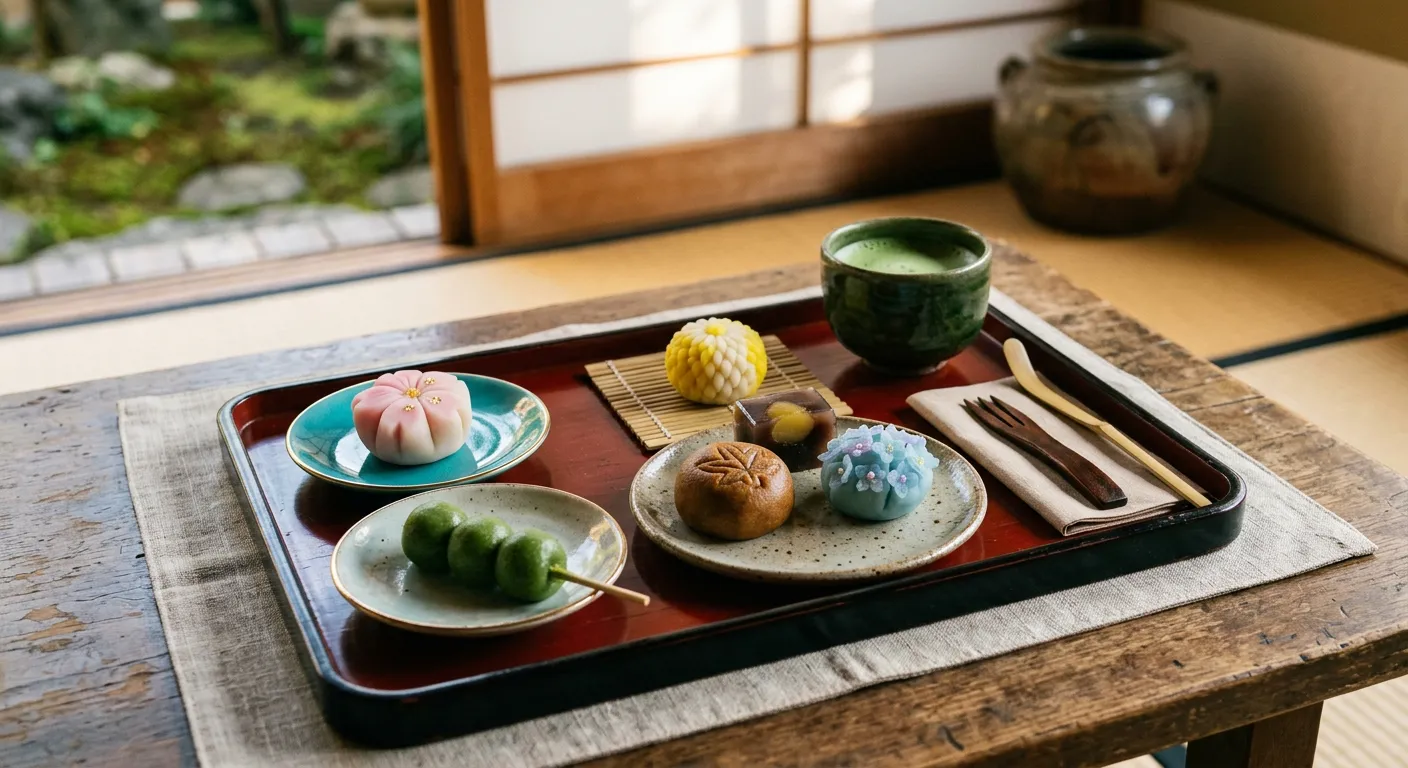 Un surtido elegante de wagashi tradicionales japoneses