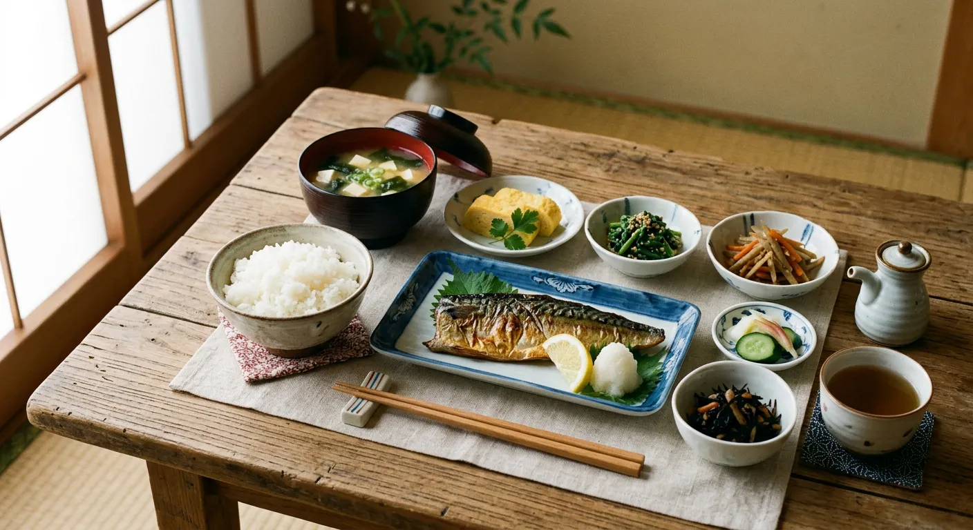 Una mesa completa de washoku tradicional bellamente presentada