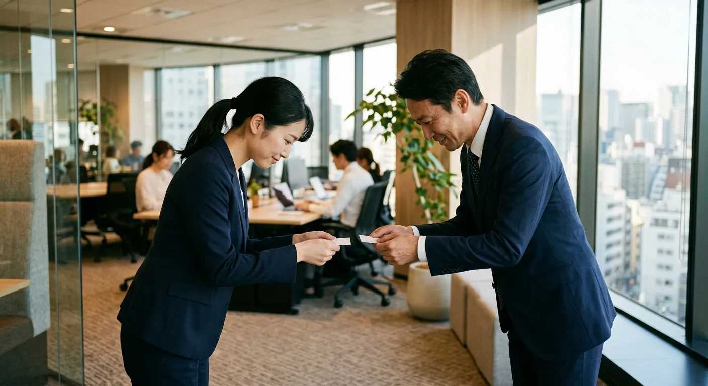 Dos personas japonesas intercambian tarjetas con una reverencia cortes