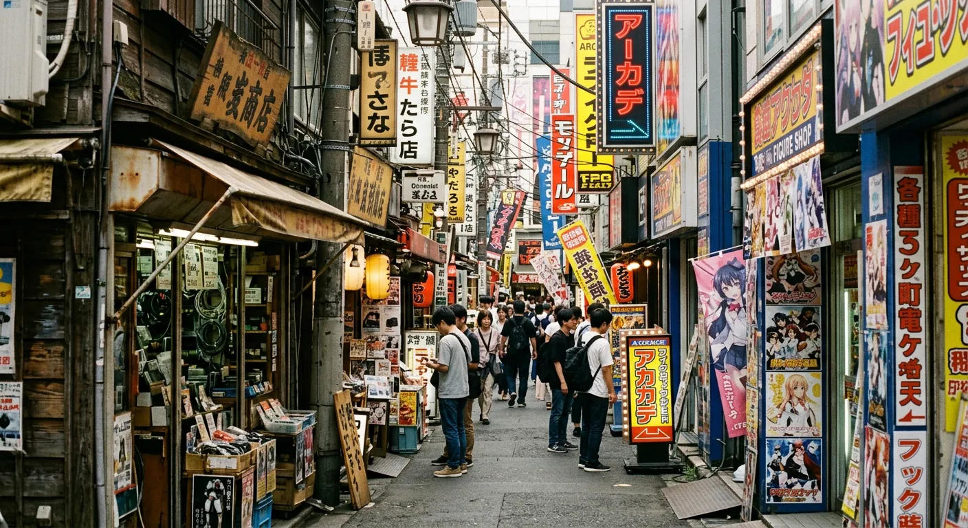 Un callejon del barrio electronico de Tokio con tiendas antiguas y nuevas