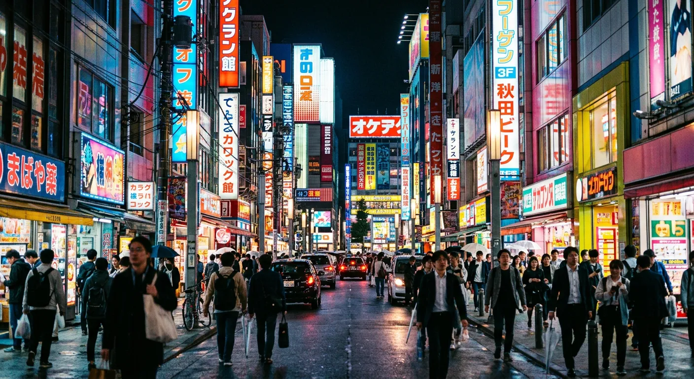 Una calle estilo Akihabara brilla con neon de colores de noche