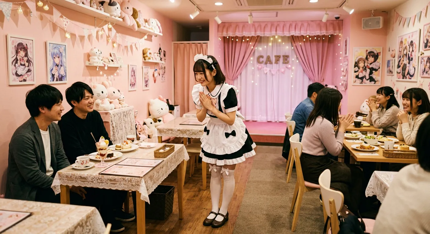 El interior de un cafe tematico con una camarera de uniforme con delantal