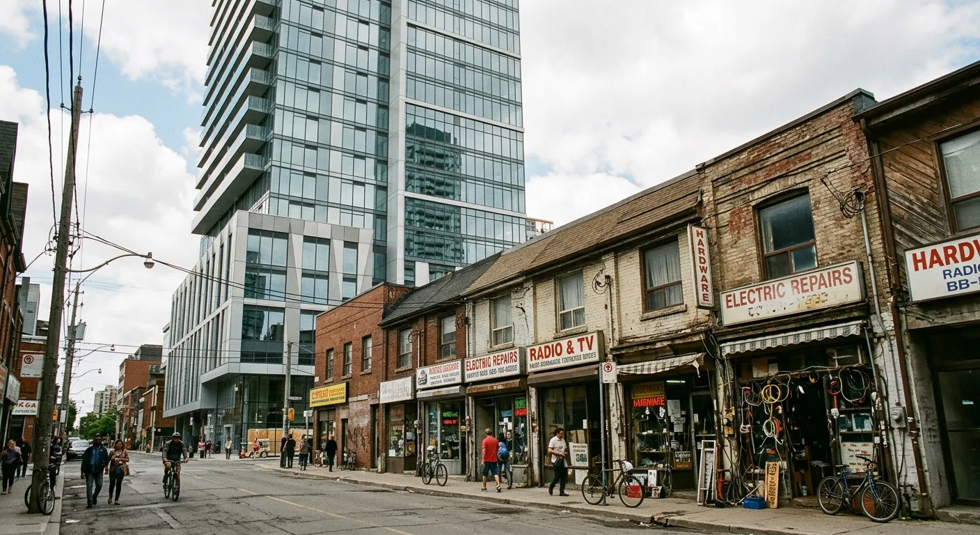 Un rascacielos nuevo junto a viejas tiendas, la gentrificacion del barrio