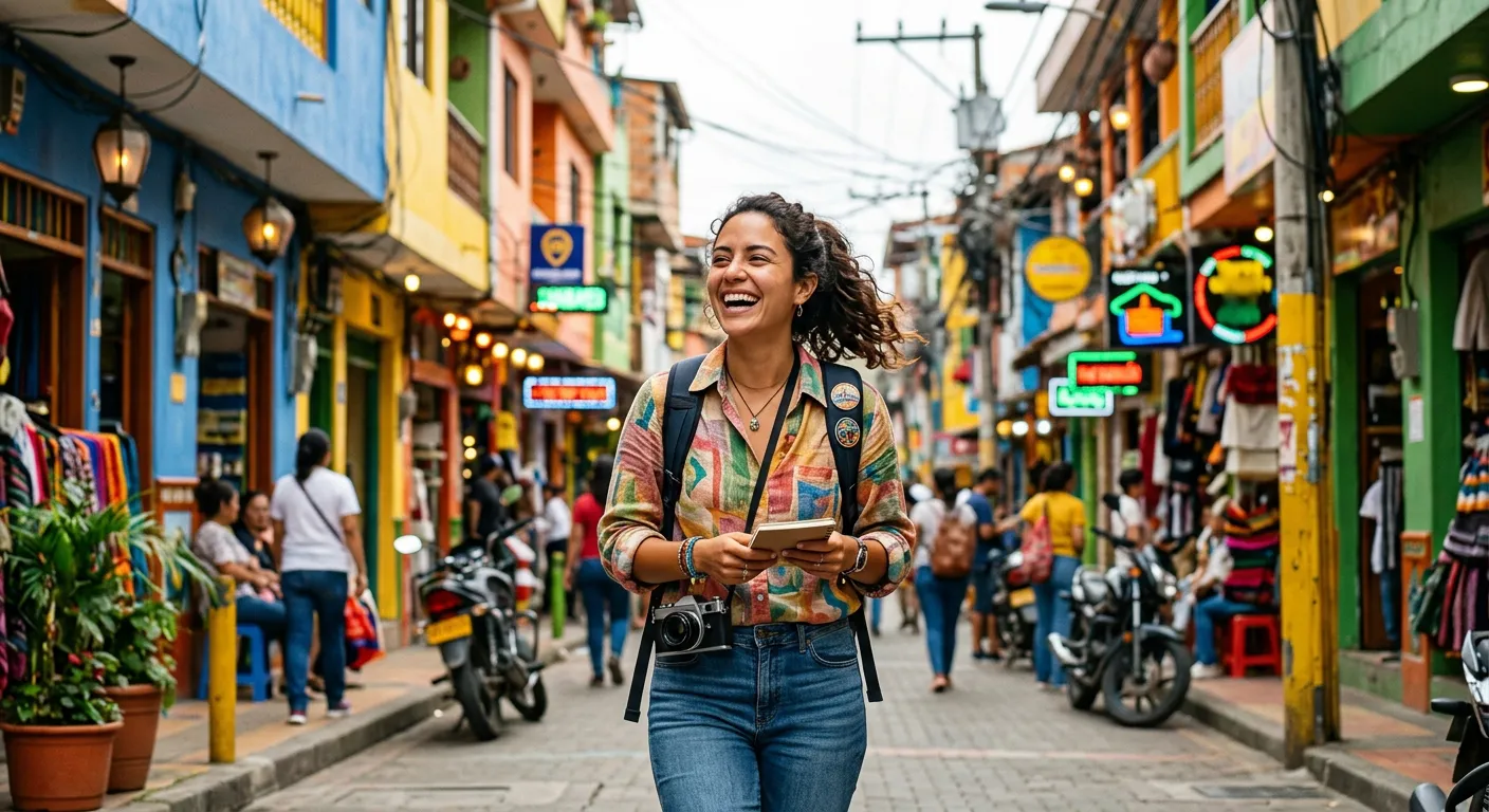 Un viajero latinoamericano explora encantado las calles del barrio