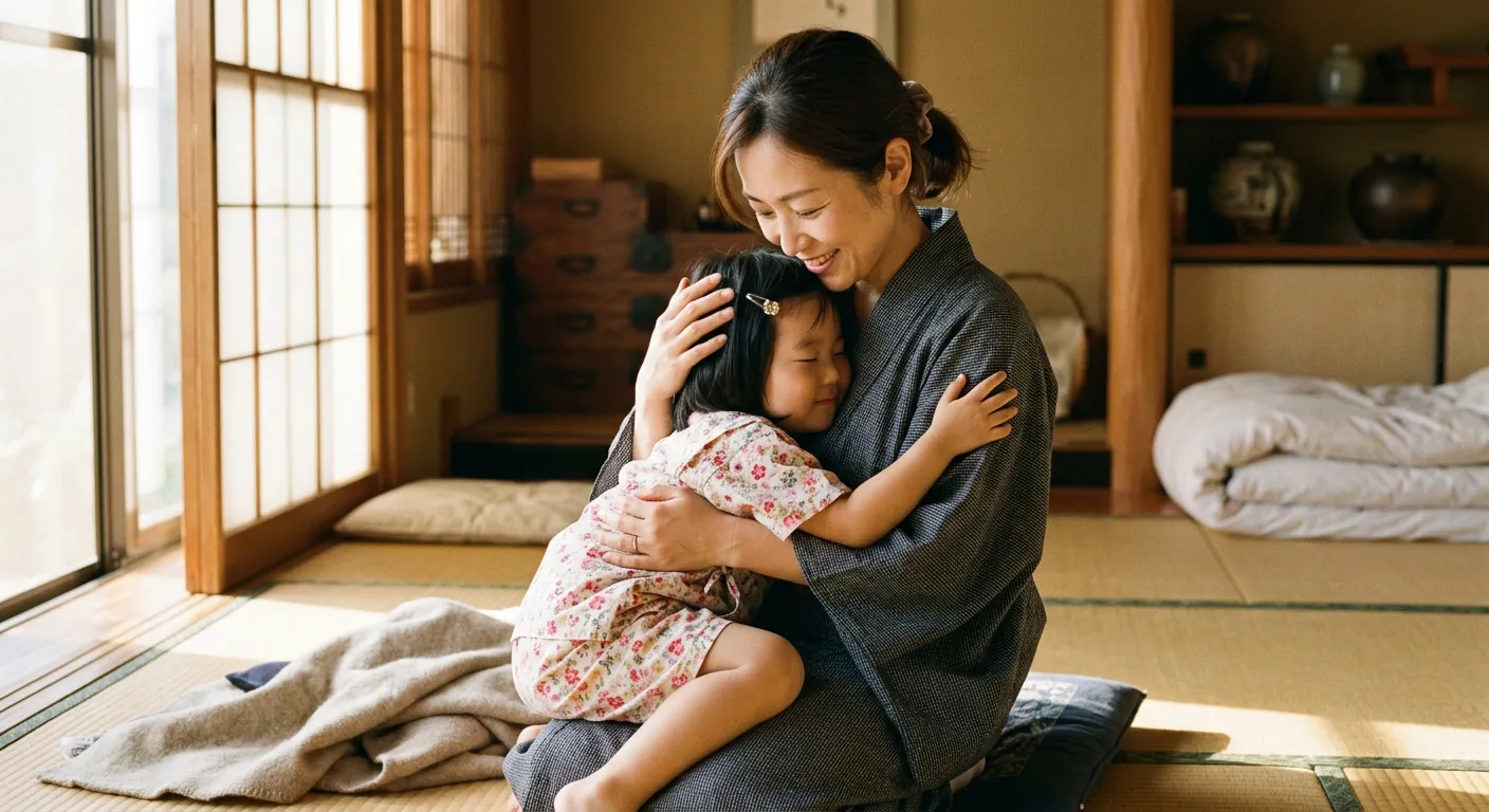 Una madre japonesa consiente con carino a su hijo que se acurruca