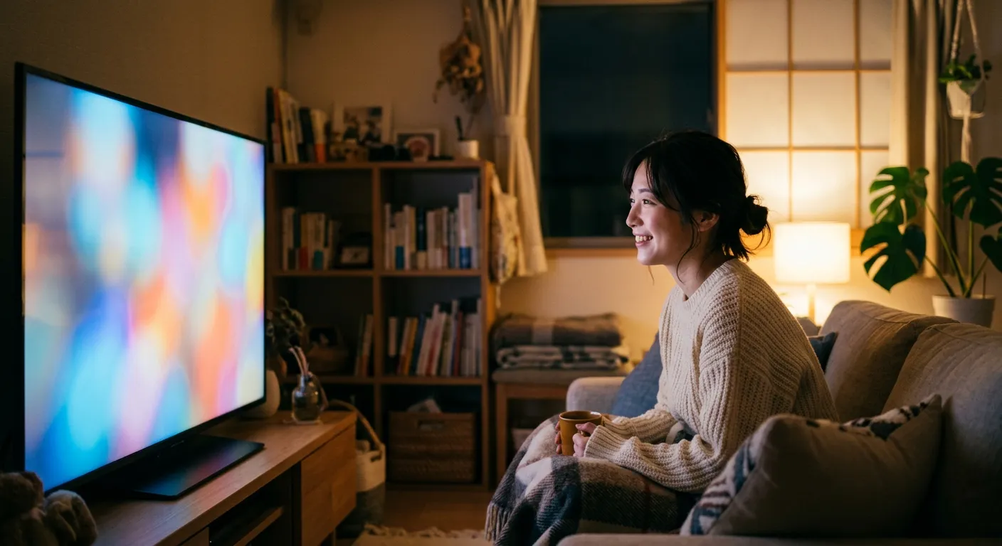 Una persona ve animacion en una pantalla con colores suaves y difusos