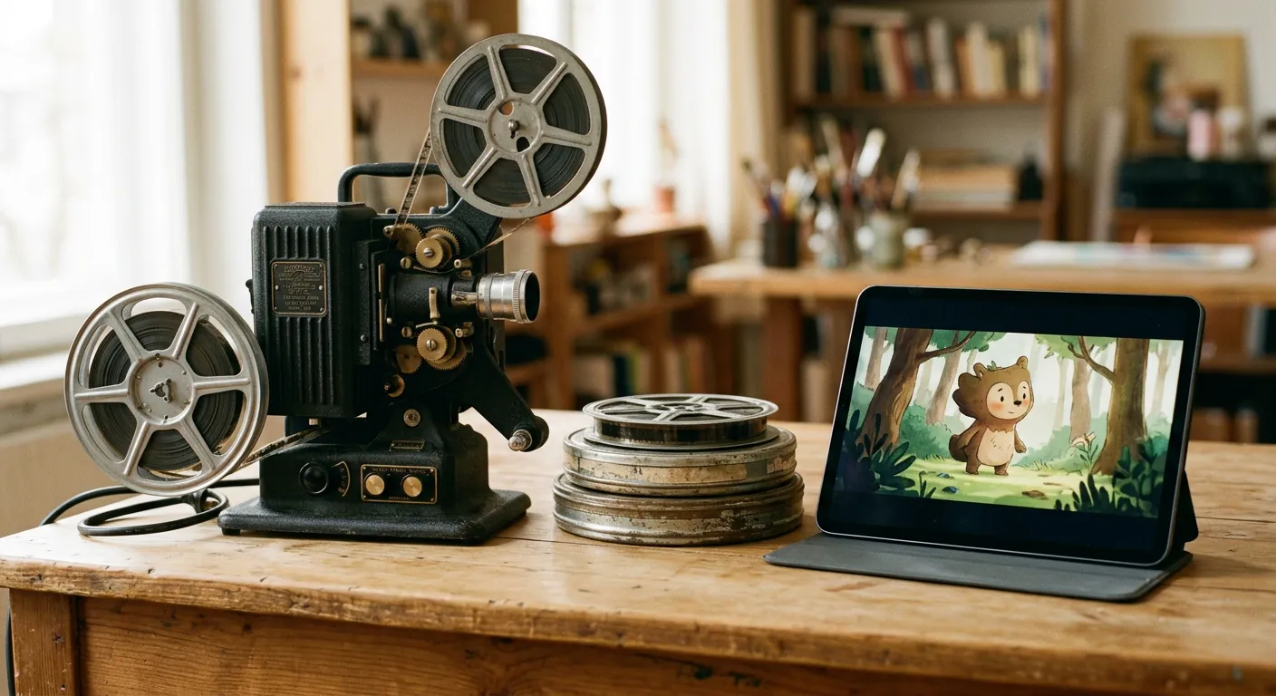 Viejos rollos de pelicula y un proyector junto a una tableta moderna