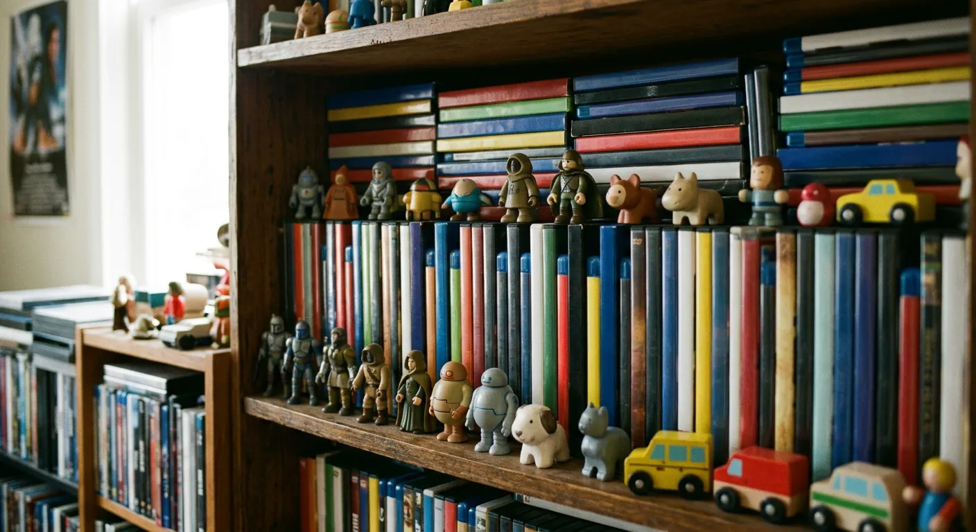 Una estanteria con variados estuches de animacion genericos y sin marcas