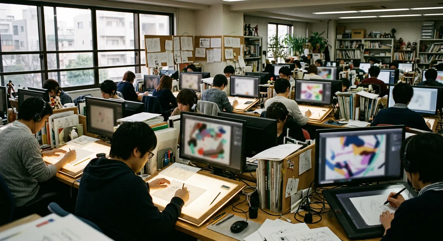Un estudio de animacion con dibujantes trabajando en sus mesas de luz