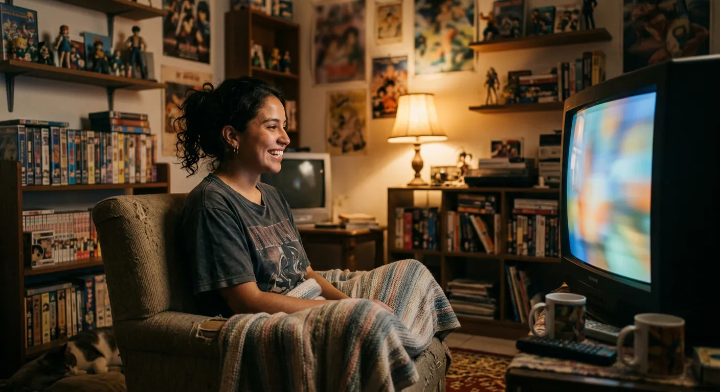 Un joven fan latinoamericano disfruta viendo animacion en casa