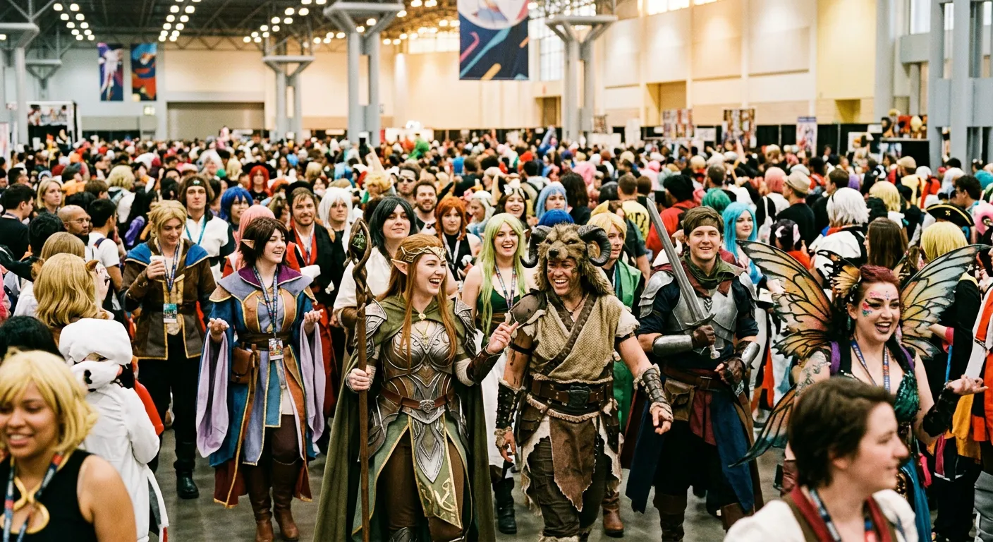 Una multitud animada en una convencion con disfraces originales y genericos