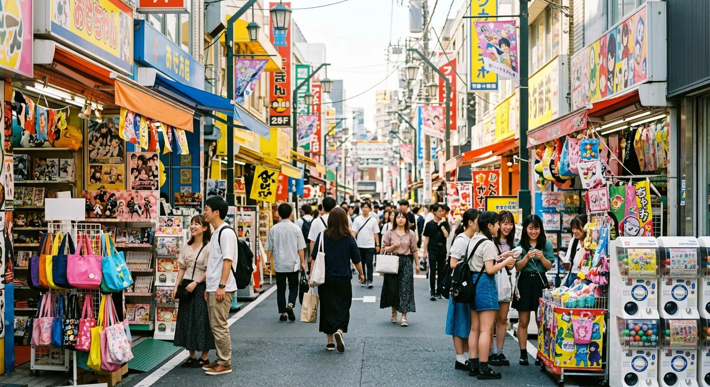 Una calle comercial de cultura pop en Japon con gente curioseando
